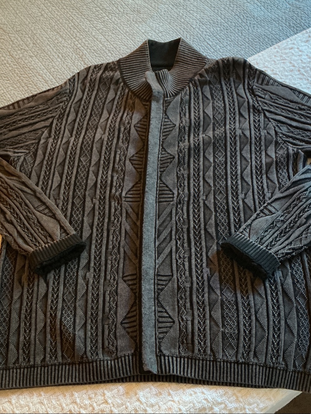 Men's Full-Zip 100% Cotton Textured Knit Sweater - Brown/Charcoal